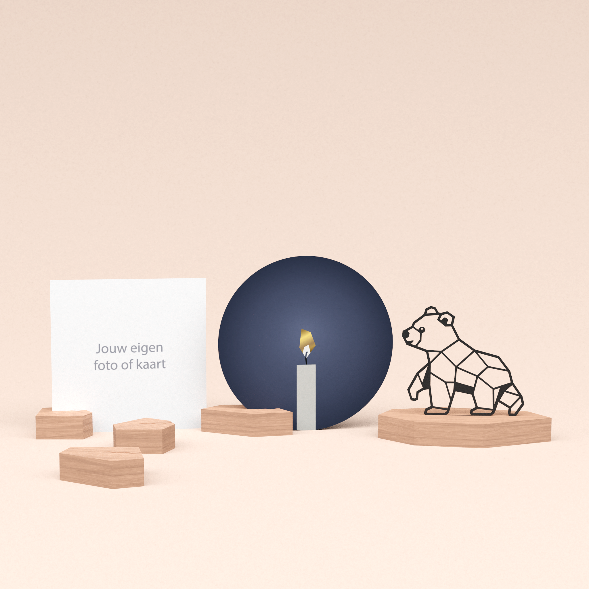 premium wenskaarthouder cadeauset met beer illustratie en luxe ronde kaart kaarslicht