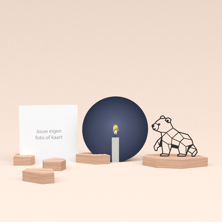 premium wenskaarthouder cadeauset met beer illustratie en luxe ronde kaart kaarslicht