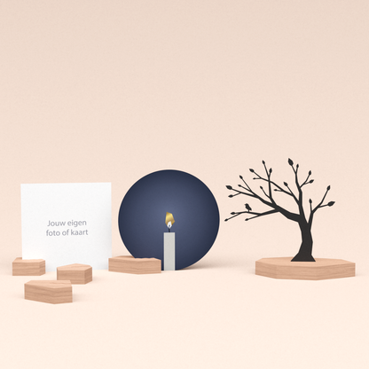 premium wenskaarthouder cadeauset met boom illustratie en luxe ronde kaart kaarslicht 