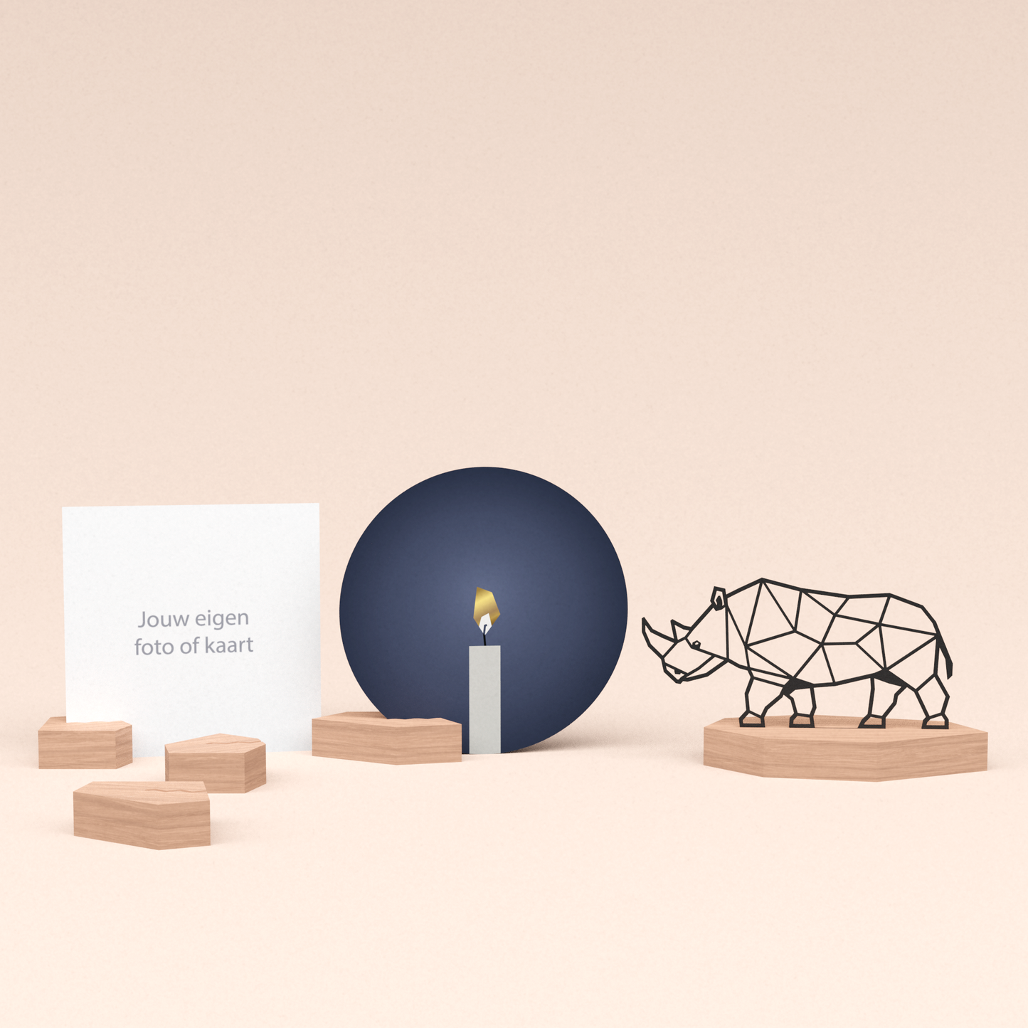 premium fotohouder cadeauset met neushoorn illustratie en luxe ronde wenskaart kaarslicht 