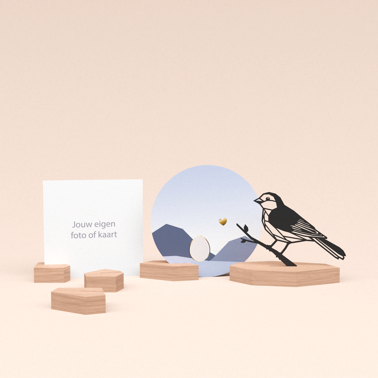 premium fotohouder cadeauset met mus illustratie en luxe ronde wenskaart kleintje op komst! 