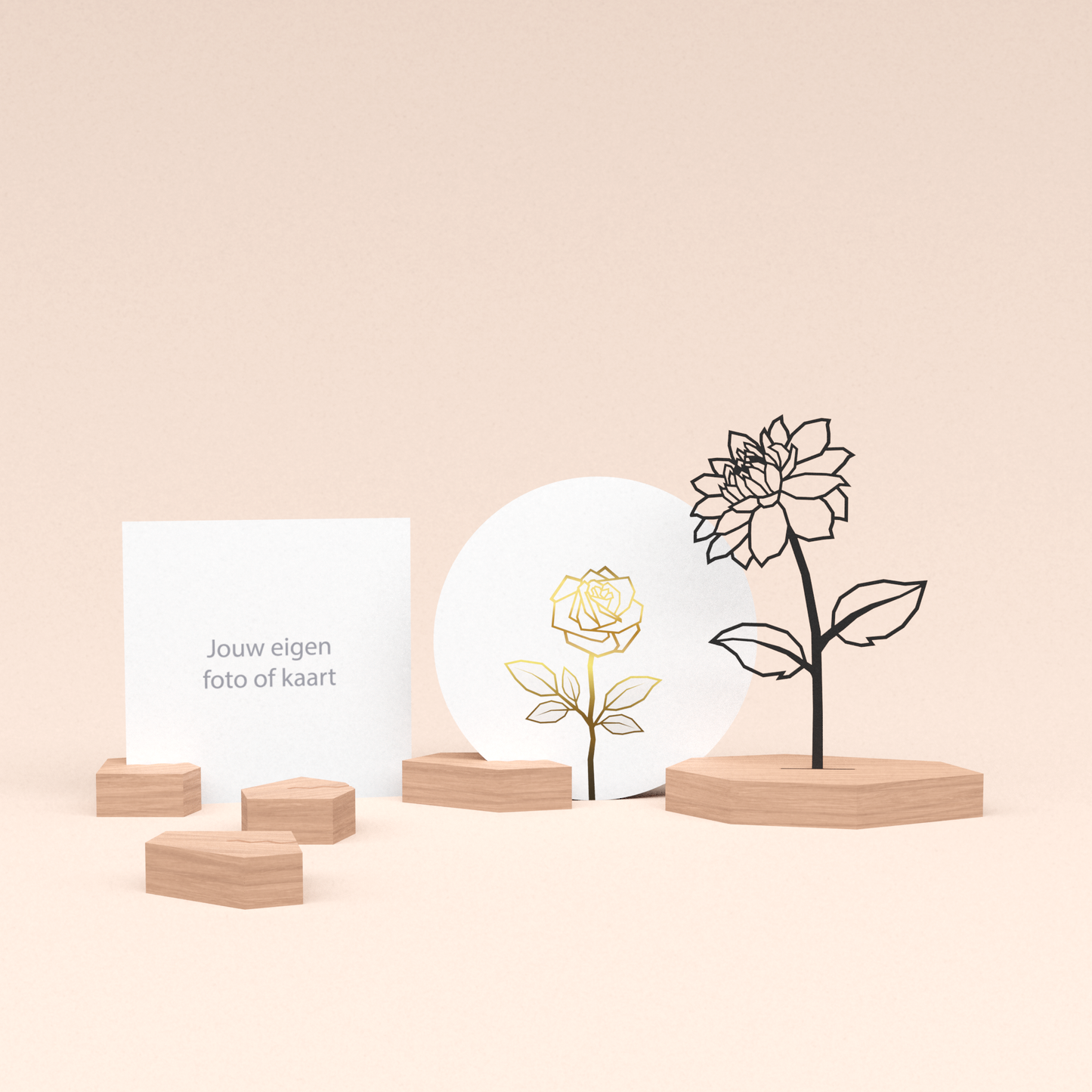 premium fotohouder cadeauset met dahlia bloem illustratie en luxe ronde wenskaart roos (wit) 