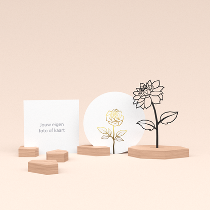 premium fotohouder cadeauset met dahlia bloem illustratie en luxe ronde wenskaart roos (wit) 