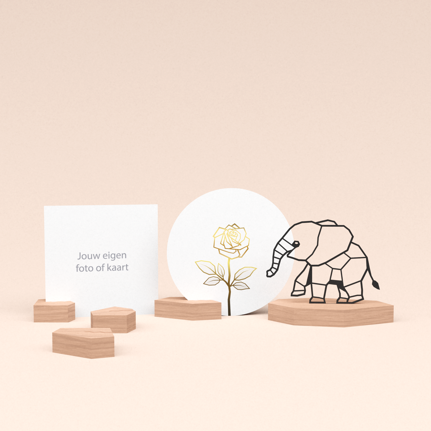 premium fotohouder cadeauset met olifant illustratie en luxe ronde wenskaart roos (wit) 