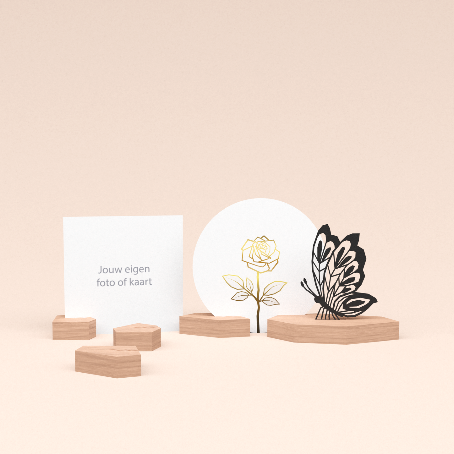 premium fotohouder cadeauset met vlinder illustratie en luxe ronde wenskaart roos (wit) 