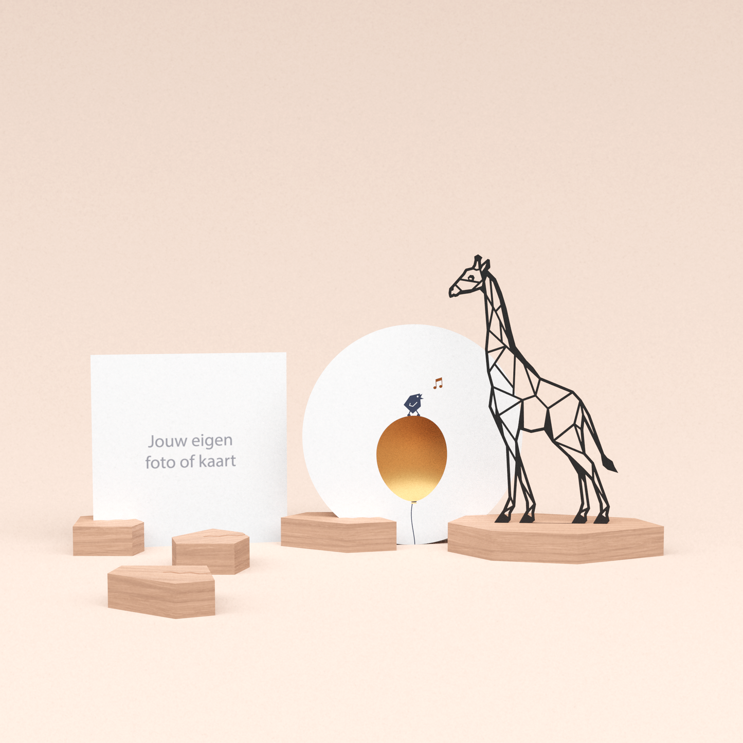 premium fotohouder cadeauset met giraf illustratie en luxe ronde wenskaart tjiep hoera! 