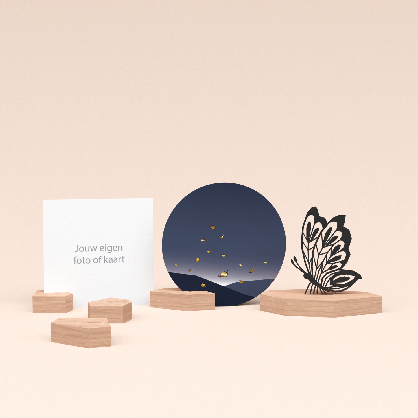 premium fotohouder cadeauset met vlinder illustratie en luxe ronde wenskaart vallende blaadjes 
