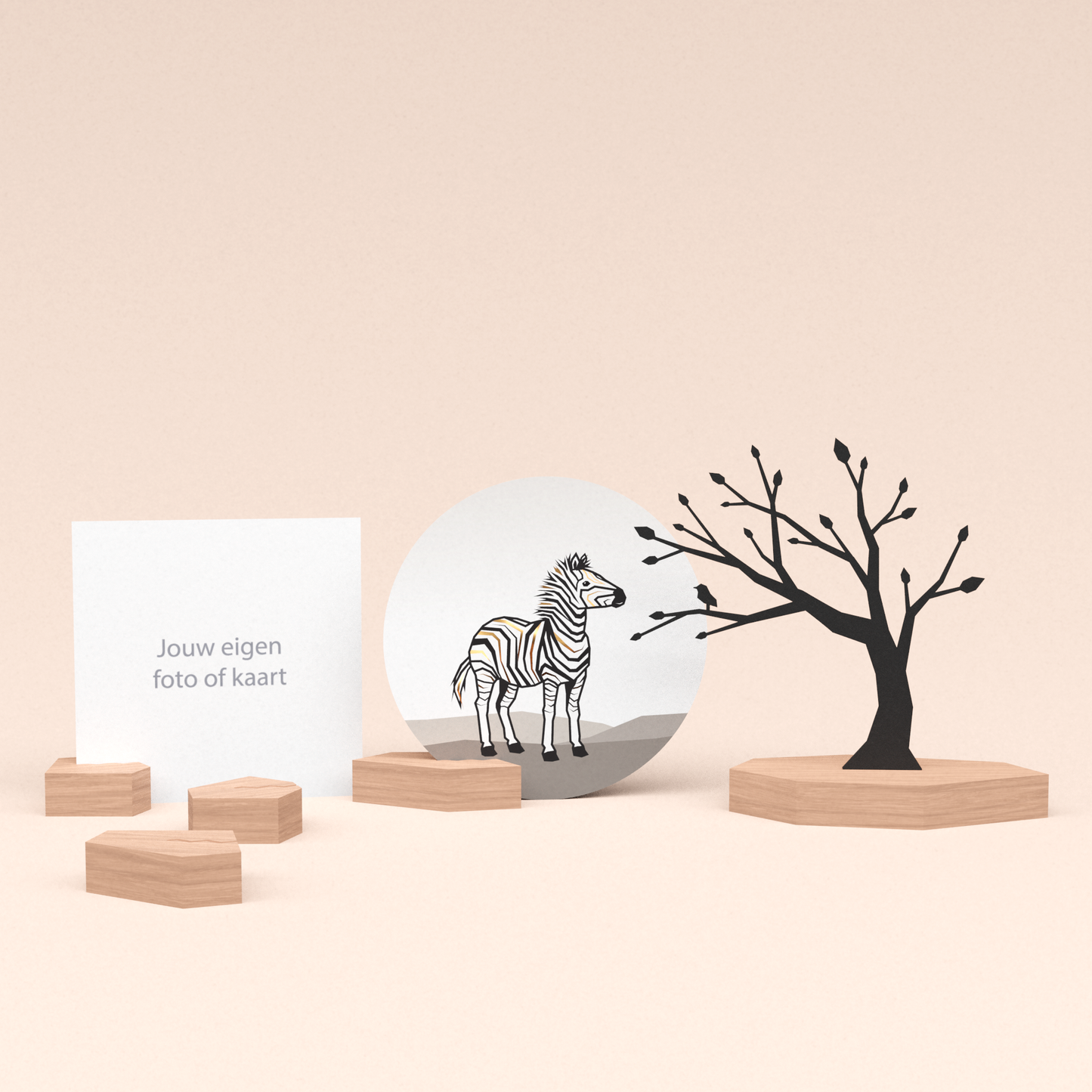 premium fotohouder cadeauset met boom illustratie en luxe ronde wenskaart zebra 