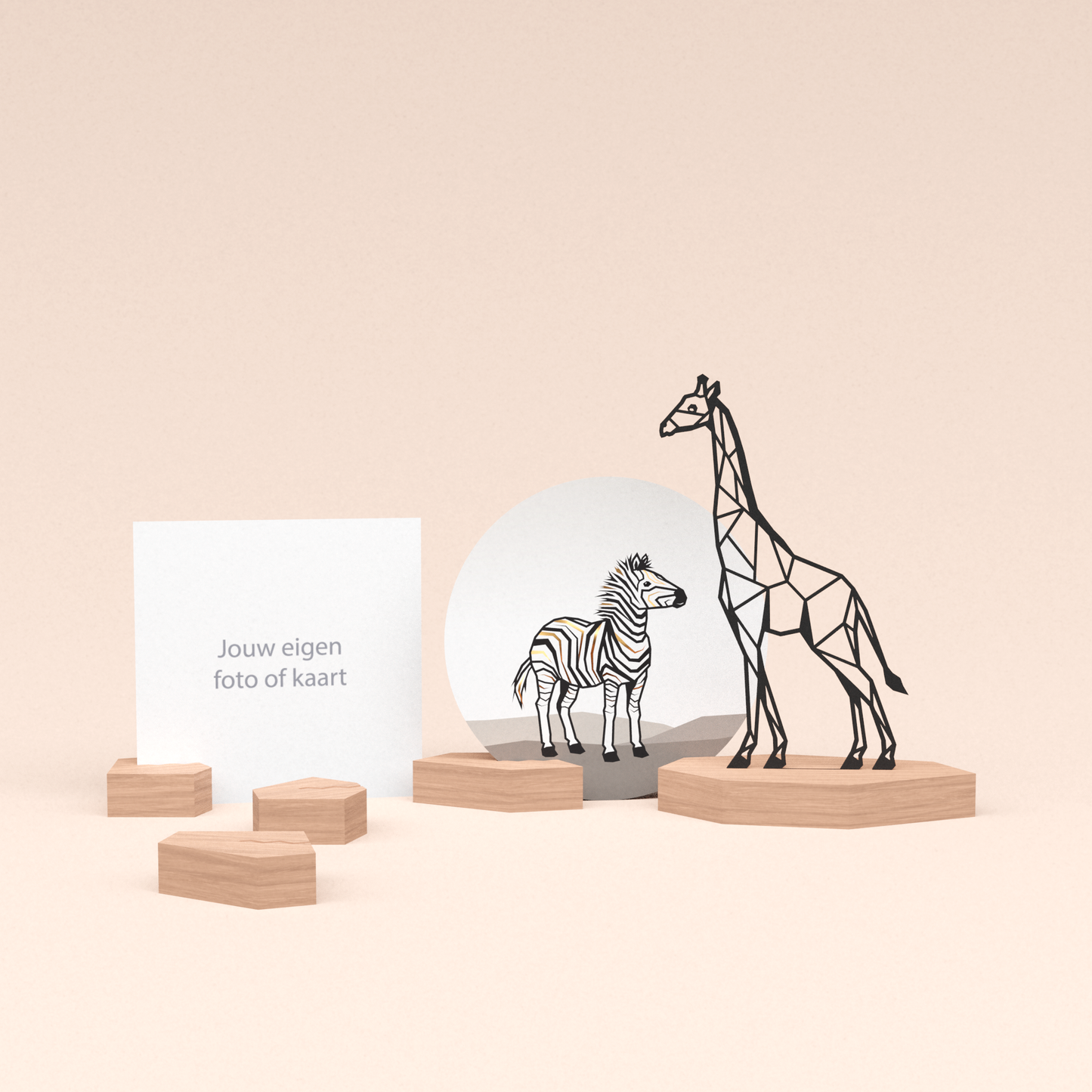 premium fotohouder cadeauset met giraf illustratie en luxe ronde wenskaart zebra 