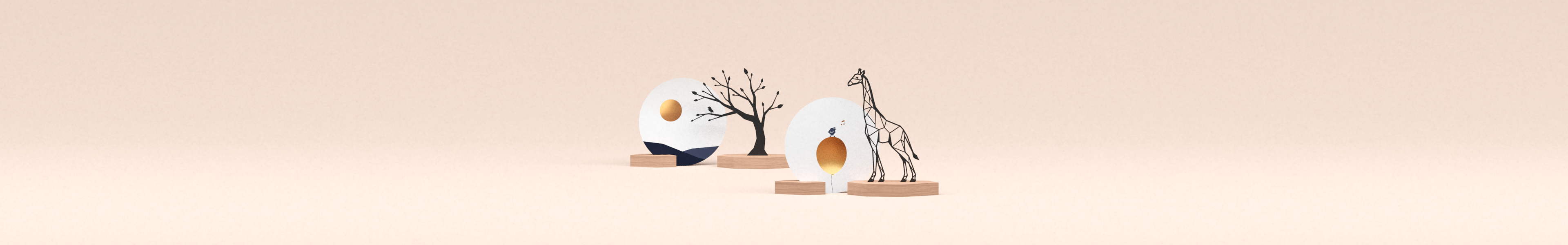 twee luxe wenskaarthouder cadeausets met matzwarte illustraties van boom met vogeltje en elegante giraf met bijpassende wenskaarten met gouden zon en ballon
