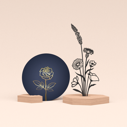 luxe cadeau kaartstandaard met bloemenboeket illustratie en ronde kaart roos blauw 