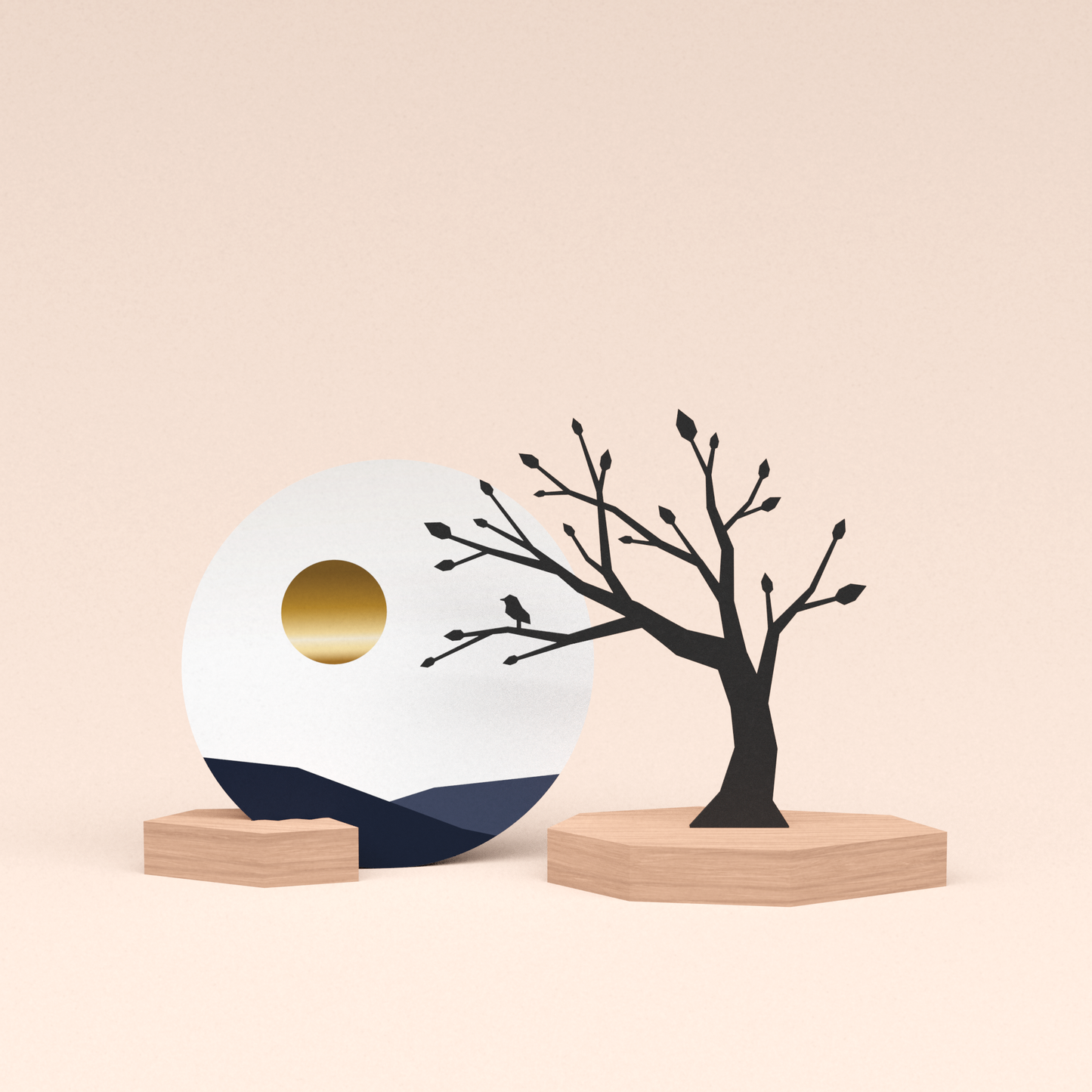 luxe cadeau houten kaarthouder met boom met vogeltje en ronde wenskaart zonsondergang 