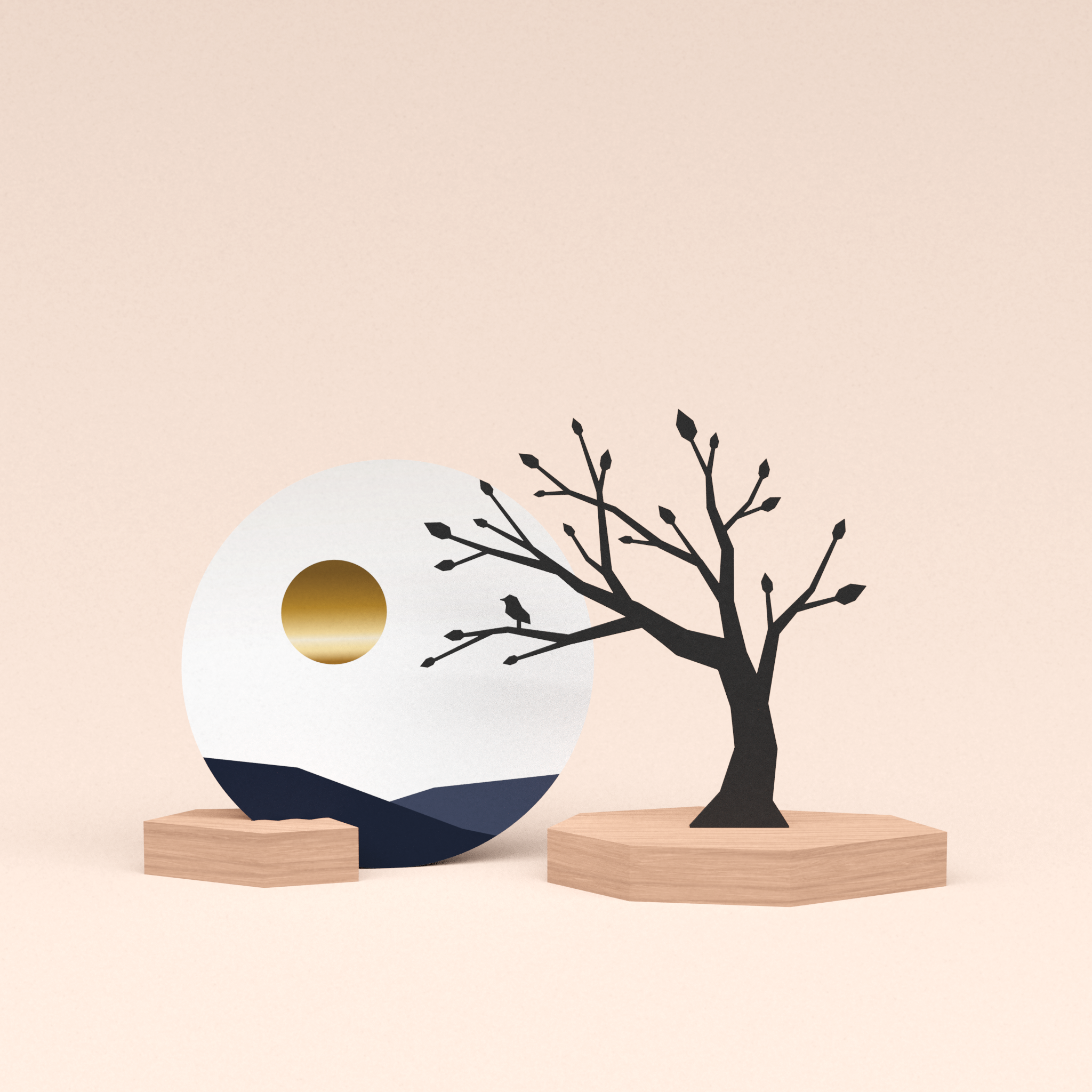 luxe cadeau houten kaarthouder met boom met vogeltje en ronde wenskaart zonsondergang 