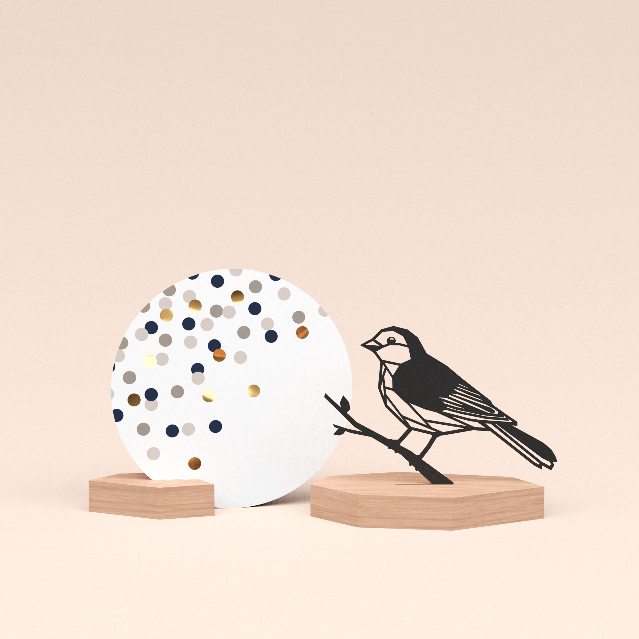 luxe cadeau wenskaarthouder met vogel | mus illustratie en ronde wenskaart confetti champagne 