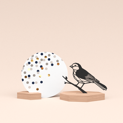 luxe cadeau wenskaarthouder met vogel | mus illustratie en ronde wenskaart confetti champagne 