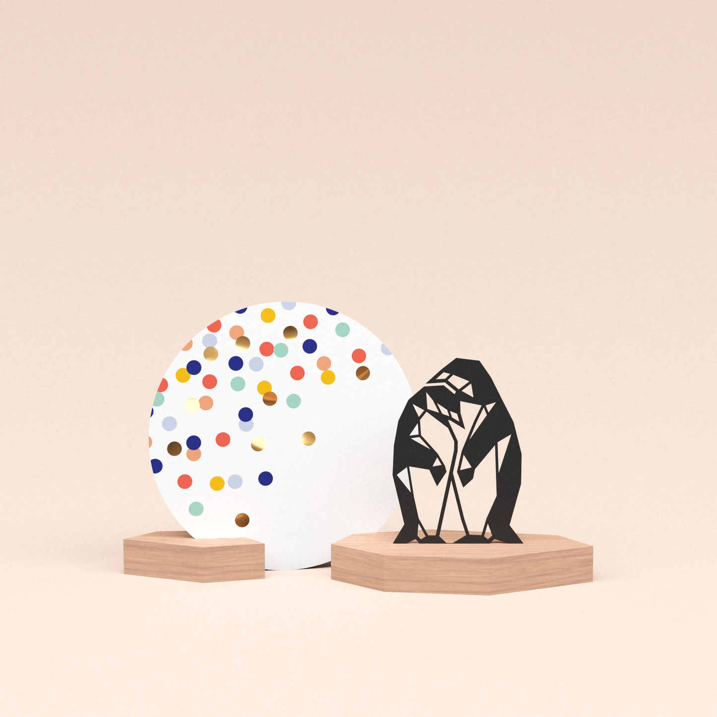 luxe cadeau kaarthouder met pinguin stelletje illustratie en ronde kaart confetti feest 