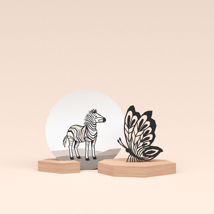 luxe cadeau woondecoratie met vlinder illustratie en ronde wenskaart zebra 
