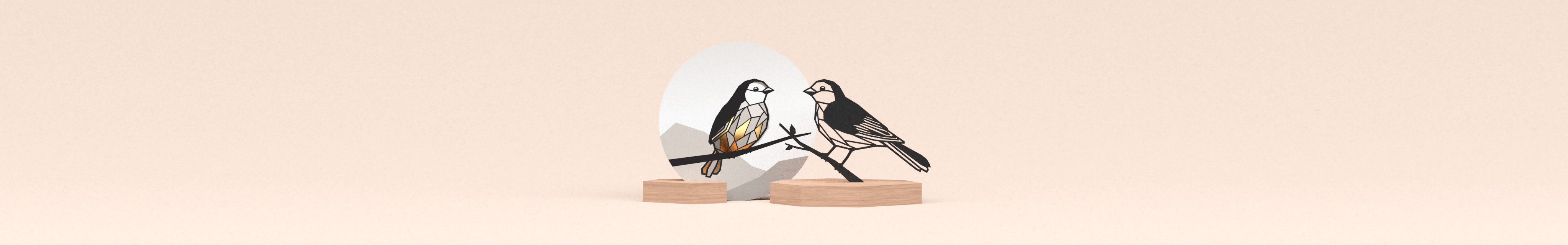 origineel nieuw eigen huis cadeau met matzwarte design illustratie mus in houten standaard en luxe ronde wenskaart met vogel met gouden veren