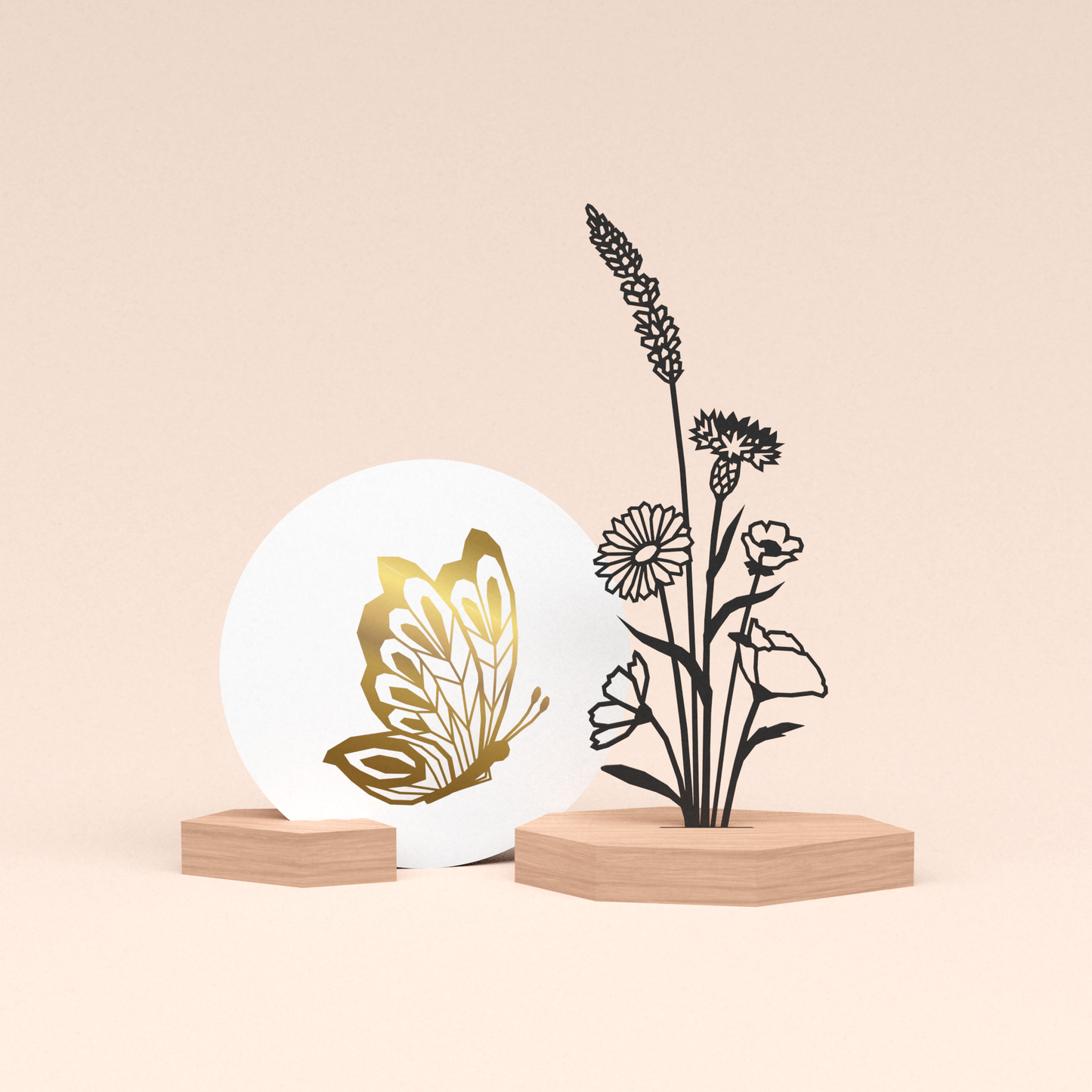 luxe cadeau woondecoratie met bloemenboeket illustratie en ronde wenskaart gouden vlinder 