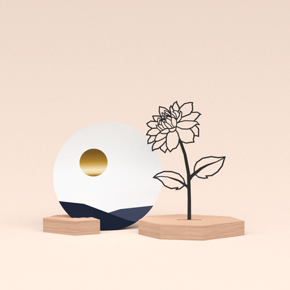 luxe cadeau kaarthouder met bloem | dahlia illustratie en ronde kaart zonsondergang 