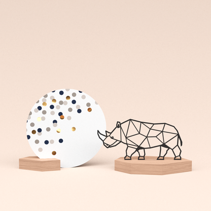 luxe cadeau kaarthouder met neushoorn illustratie en ronde kaart confetti champagne 