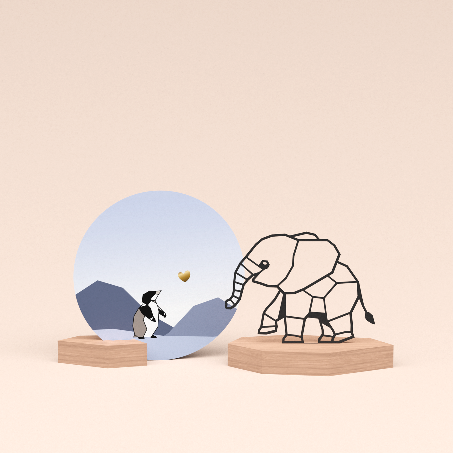 luxe cadeau woondecoratie met olifantje illustratie en ronde wenskaart kleine pinguin 