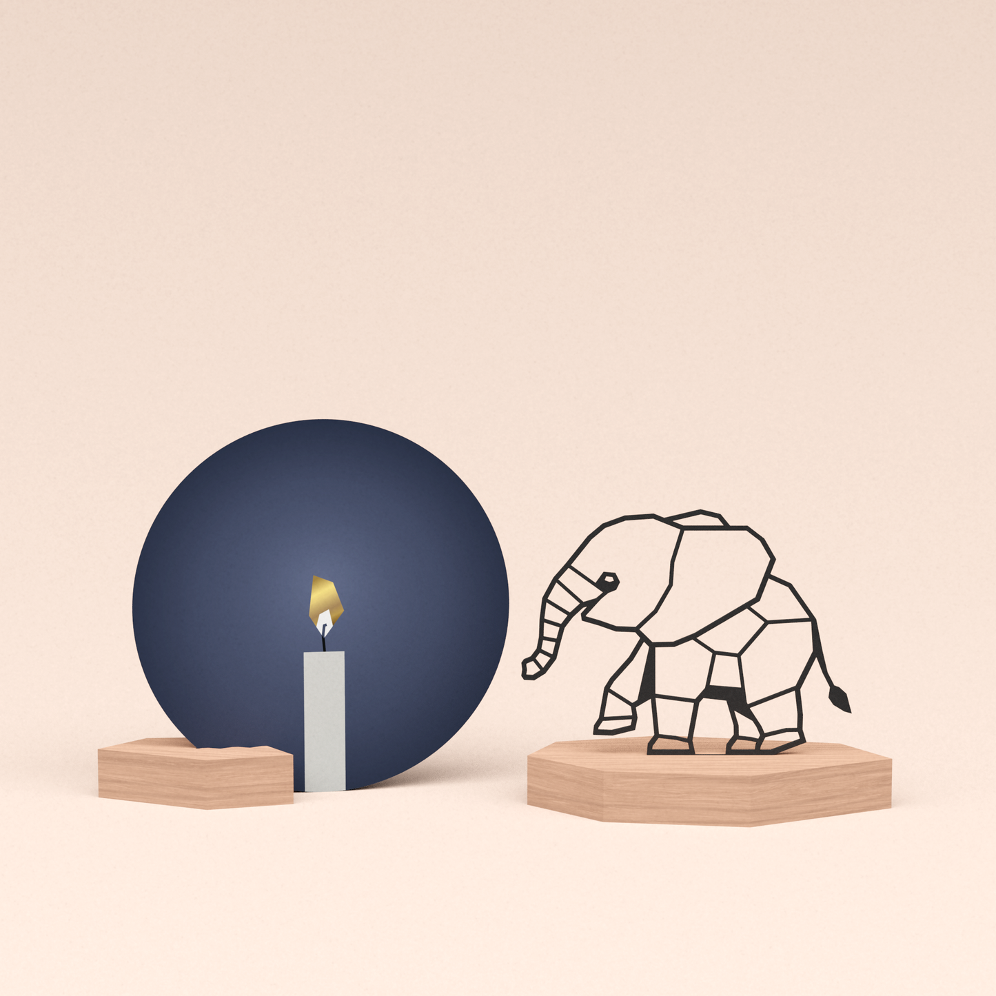 luxe cadeau woondecoratie met olifantje illustratie en ronde wenskaart kaarslicht 