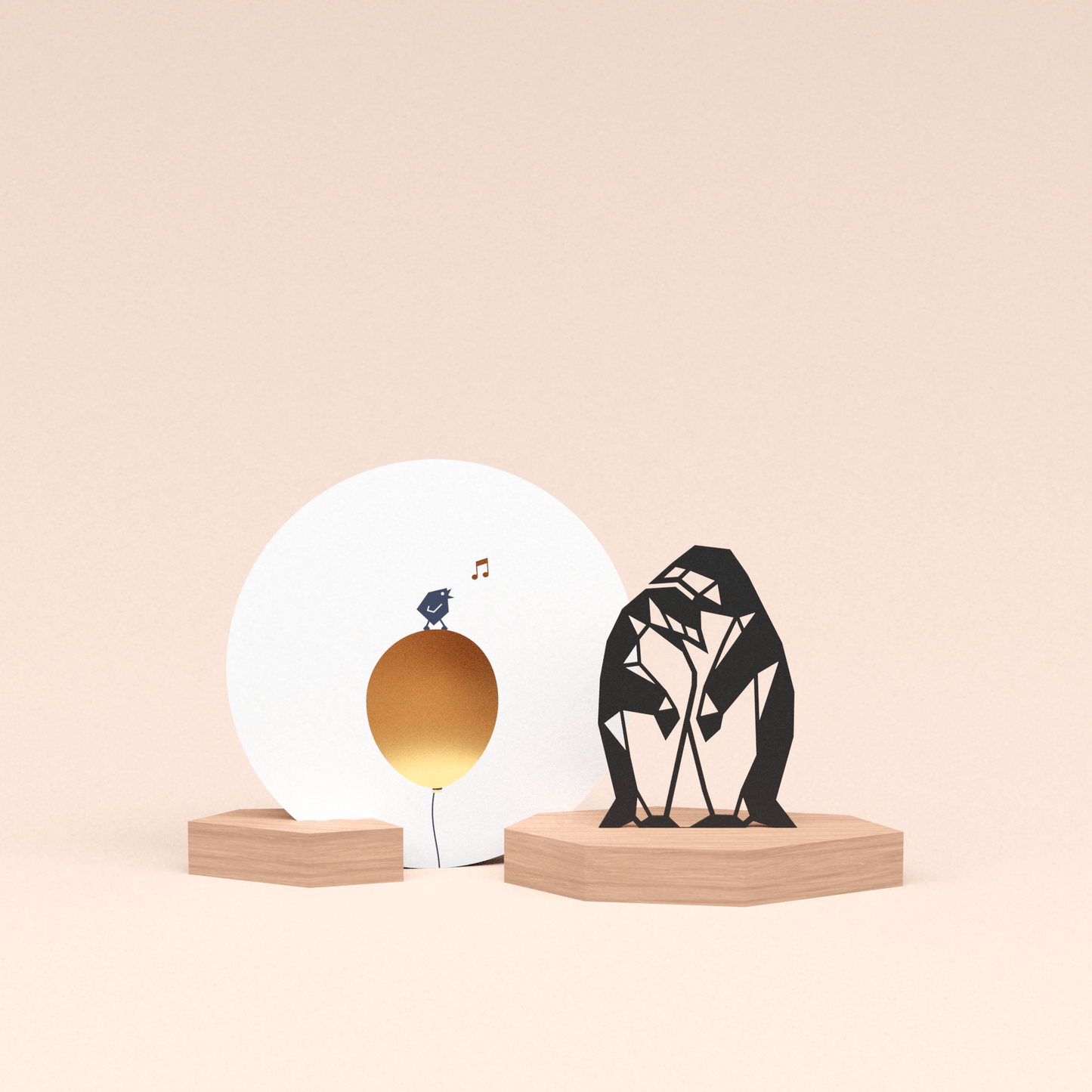 luxe cadeau woondecoratie met pinguin stelletje illustratie en ronde wenskaart tjiep hoera 