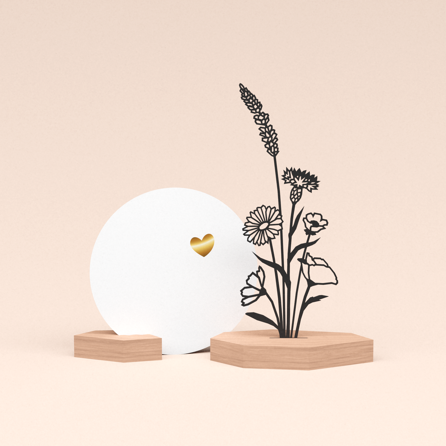 luxe cadeau woondecoratie met bloemenboeket illustratie en ronde wenskaart veel liefs 