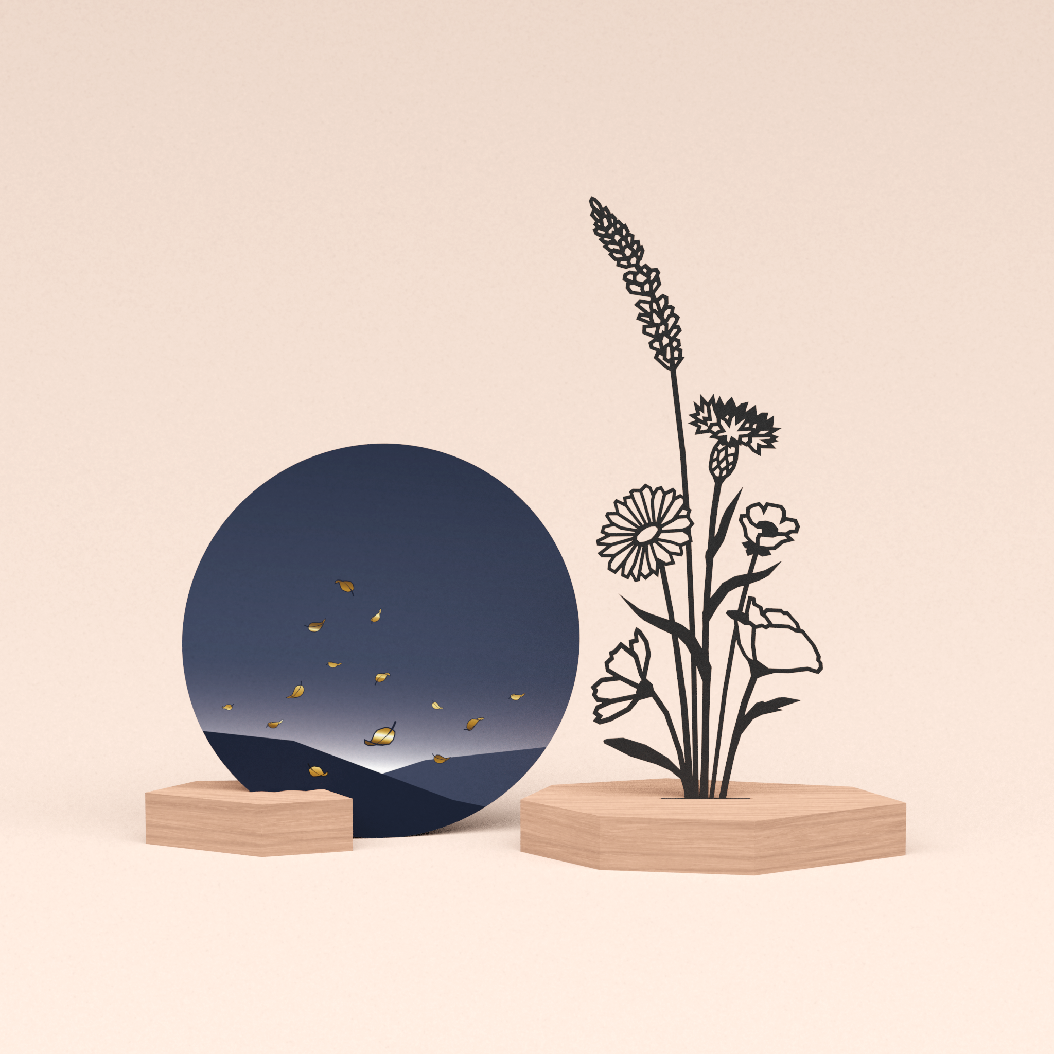 luxe cadeau wenskaarthouder met bloemenboeket illustratie en ronde wenskaart vallende blaadjes 