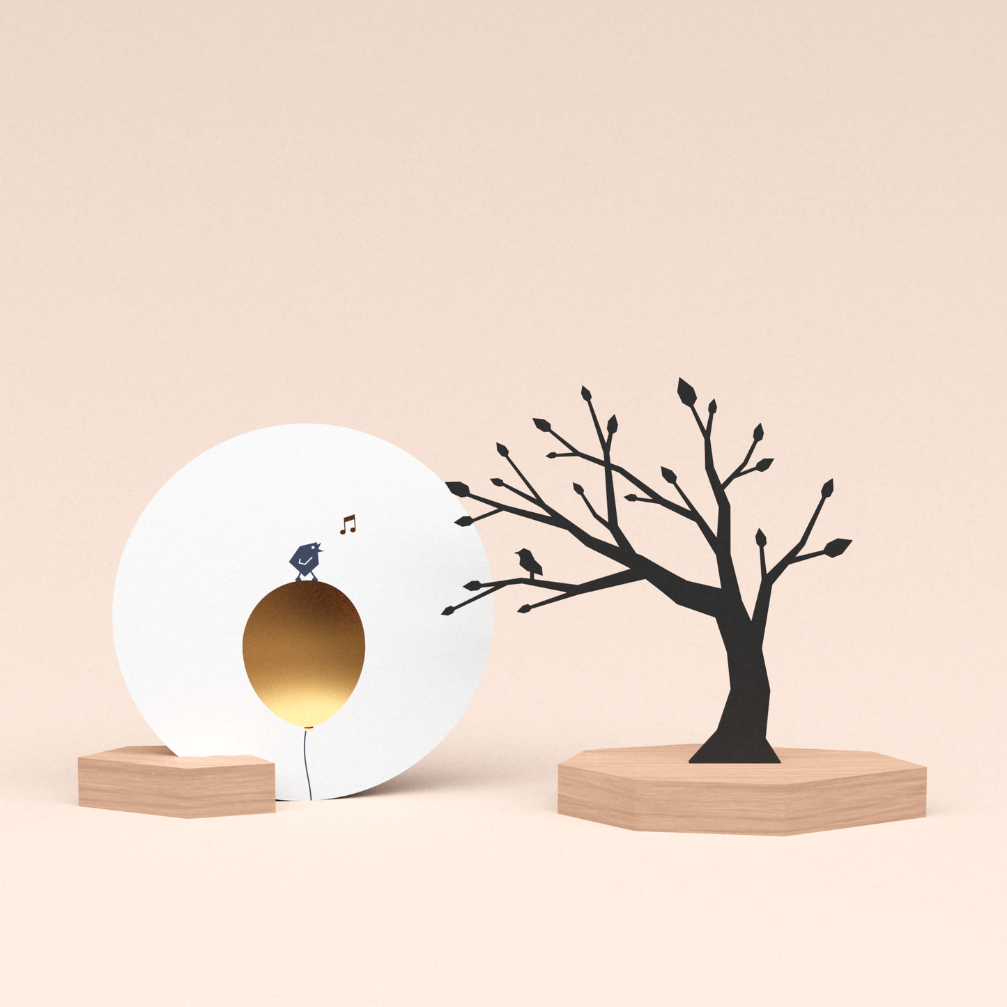 luxe cadeau woondecoratie met boom met vogeltje illustratie en ronde wenskaart tjiep hoera 