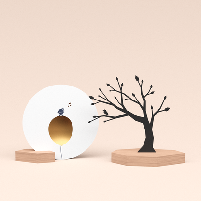 luxe cadeau woondecoratie met boom met vogeltje illustratie en ronde wenskaart tjiep hoera 