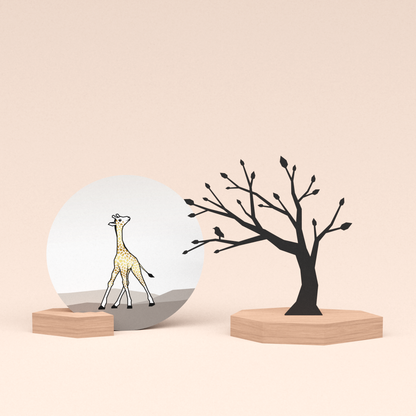 luxe cadeau kaartstandaard met boom met vogeltje illustratie en ronde kaart girafje 