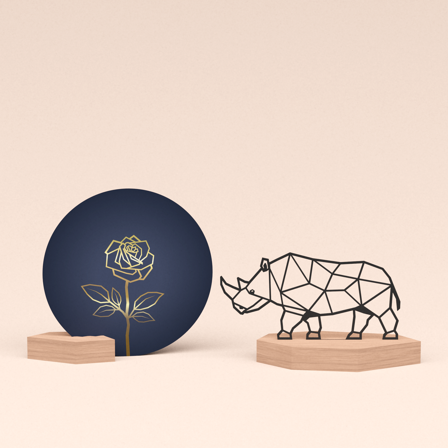 luxe cadeau woondecoratie met neushoorn illustratie en ronde wenskaart roos blauw 
