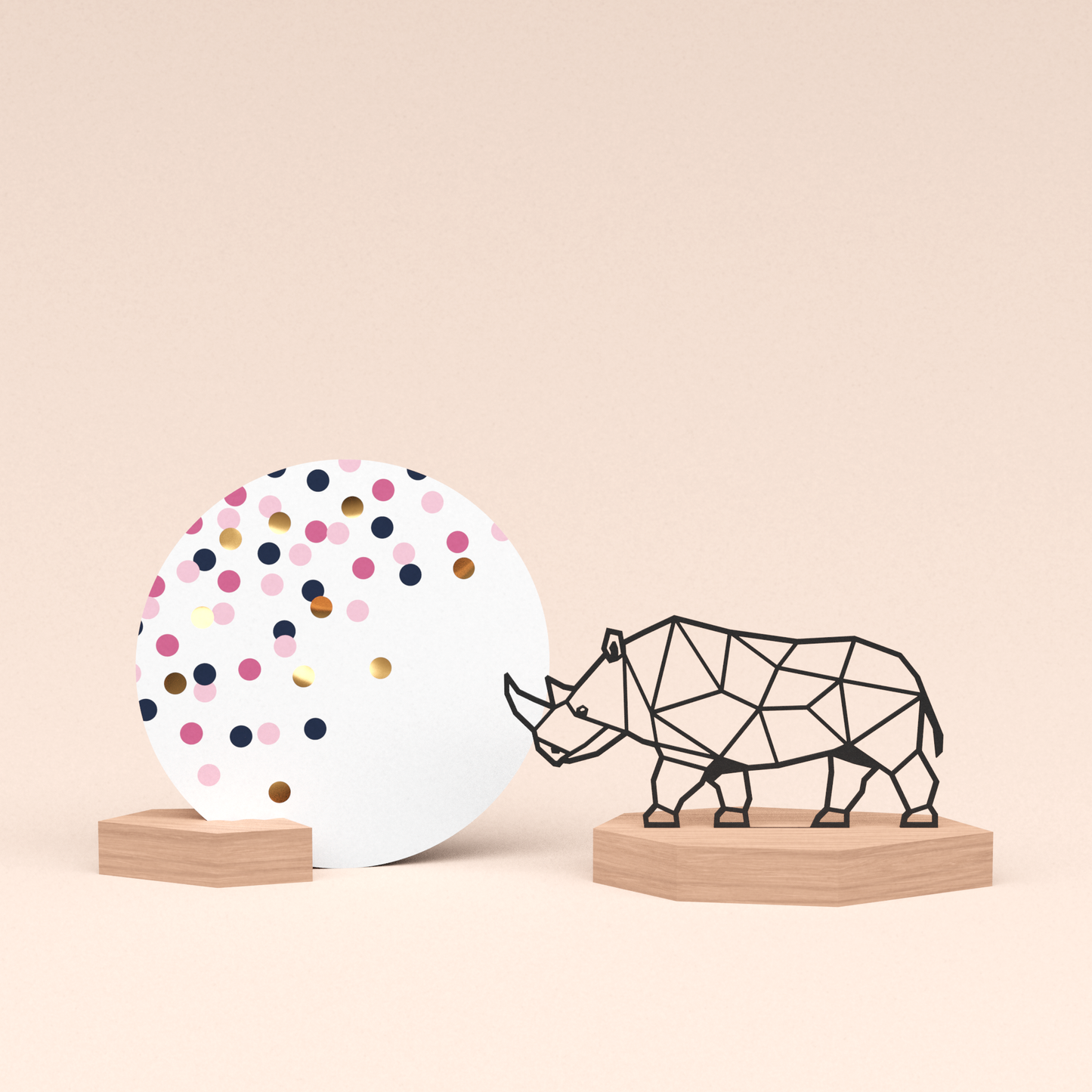 luxe cadeau kaartstandaard met neushoorn illustratie en ronde kaart confetti roze 