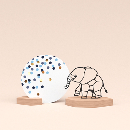 luxe cadeau wenskaarthouder met olifantje illustratie en ronde wenskaart confetti blauw 
