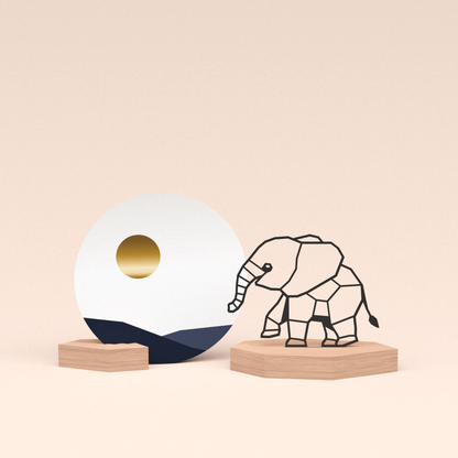 luxe cadeau wenskaarthouder met olifantje illustratie en ronde wenskaart zonsondergang 