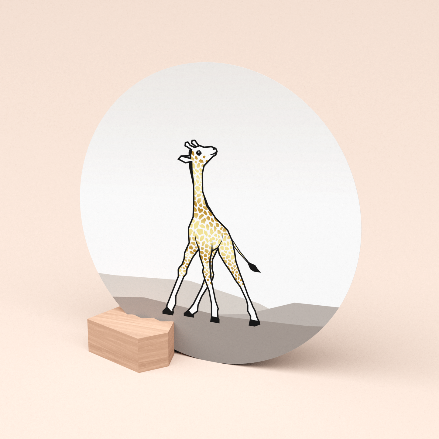 ronde wenskaart girafje met goud in houten kaarthouder blokje