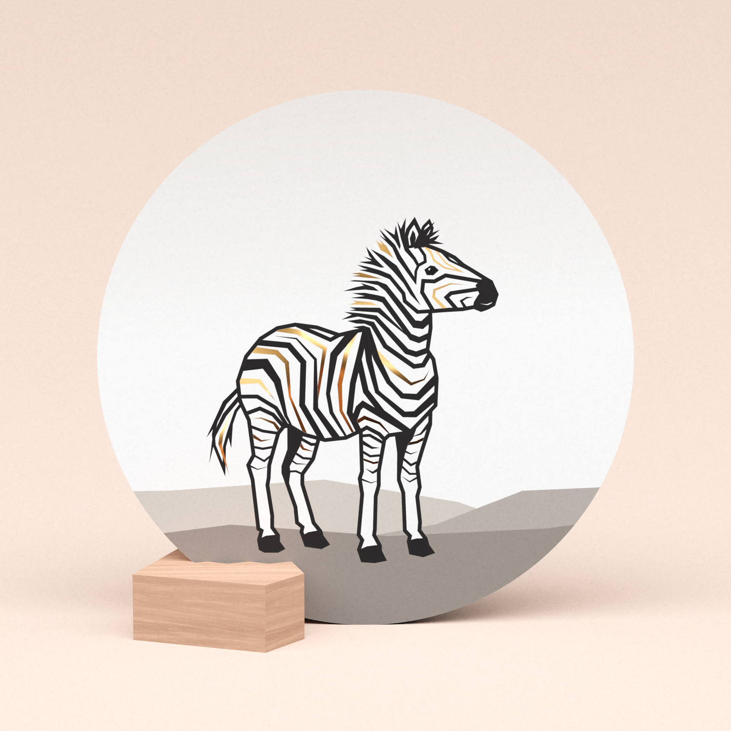 mooie ronde kaart zebra met gouden strepen in houten kaarthouder blokje