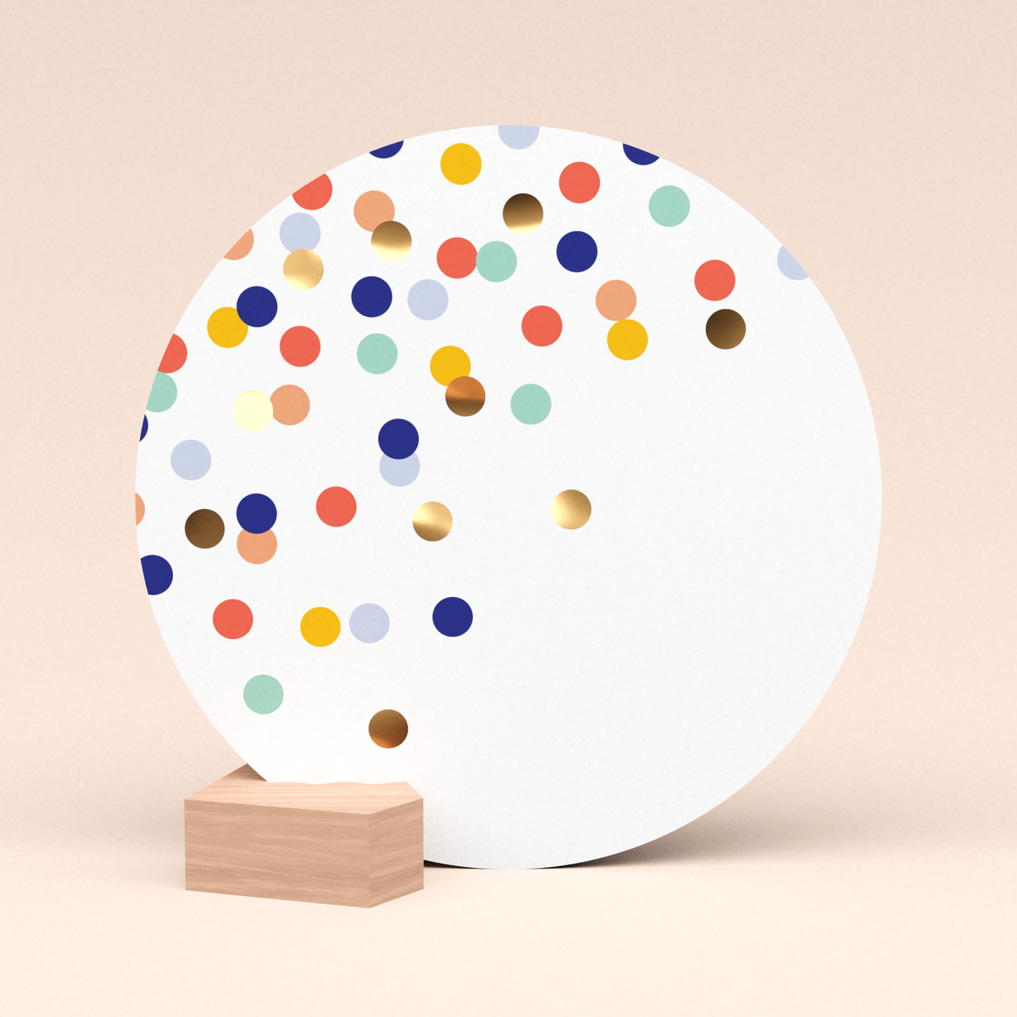 luxe ronde kaart confetti feest met houten kaarthouder fotohouder