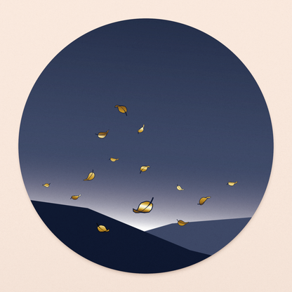 rond kaartje vallende blaadjes met goudfolie in luxe envelop  