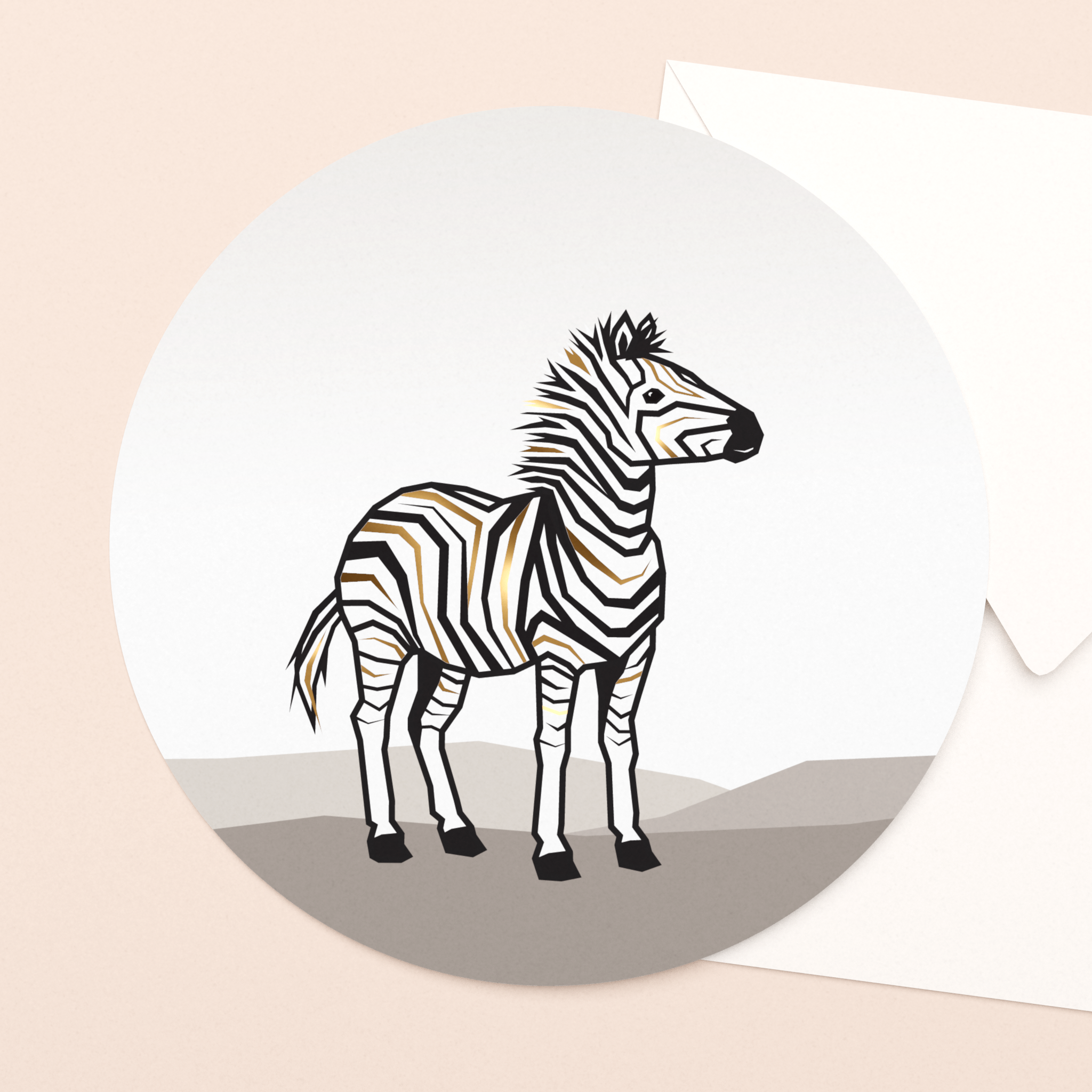 ronde ansichtkaart zebra met goud in luxe envelop
