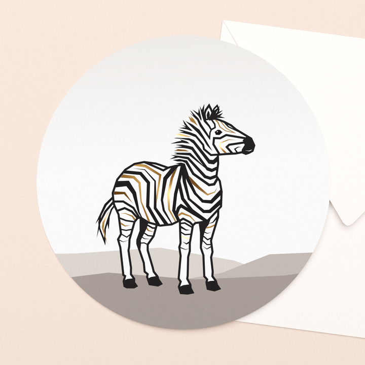ronde ansichtkaart zebra met goud in luxe envelop  