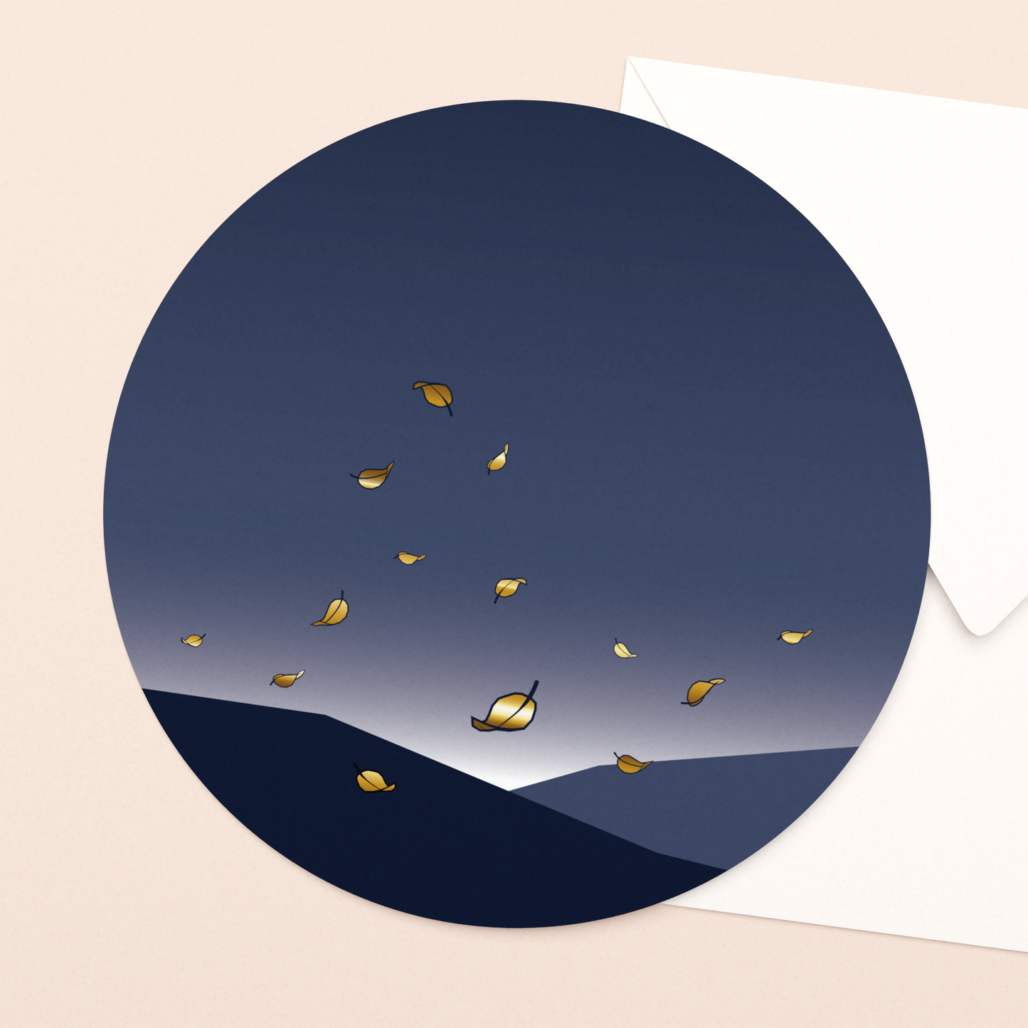 luxe wenskaart vallende blaadjes met goudfolie in vierkante envelop  