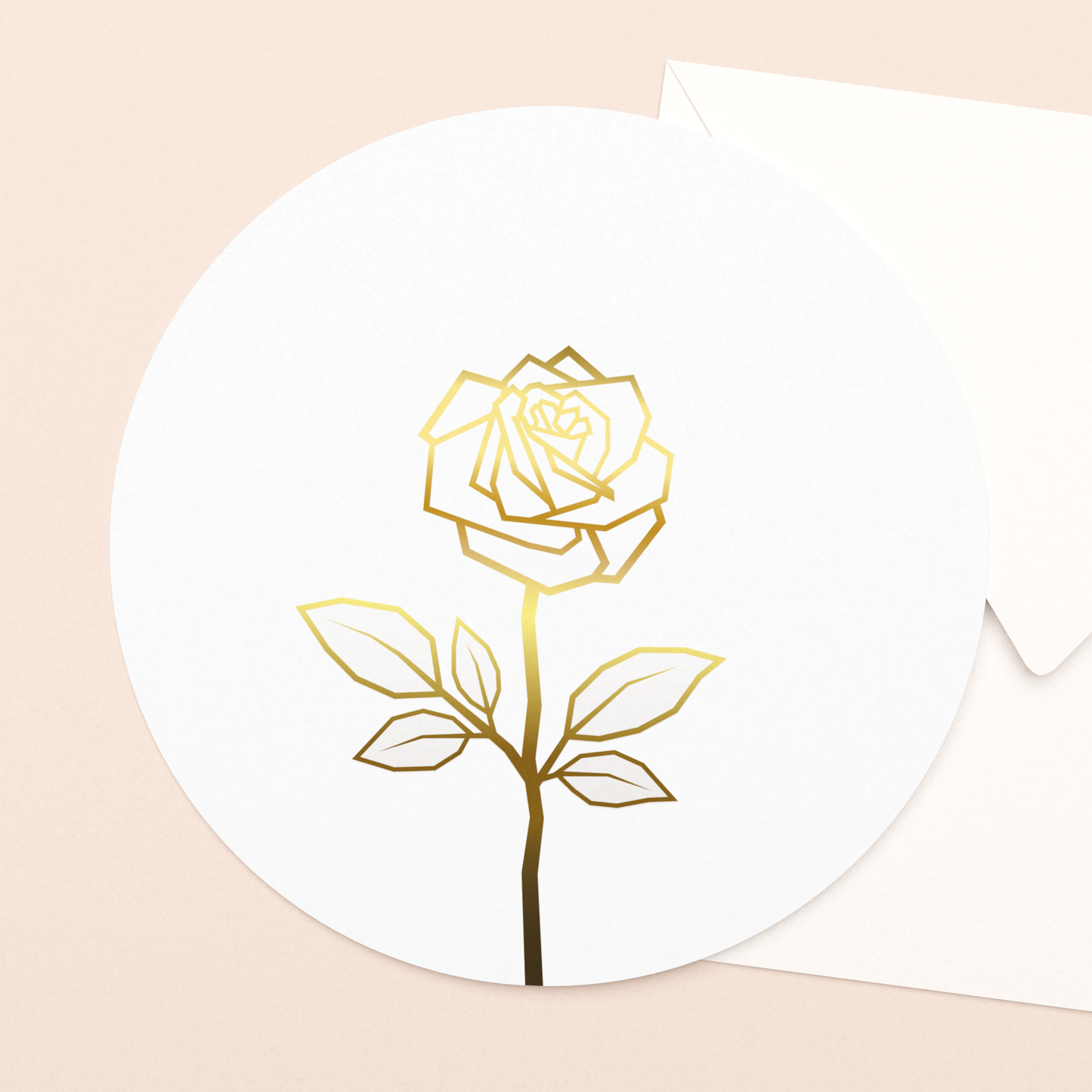 rond kaartje roos wit met goudfolie in luxe envelop  