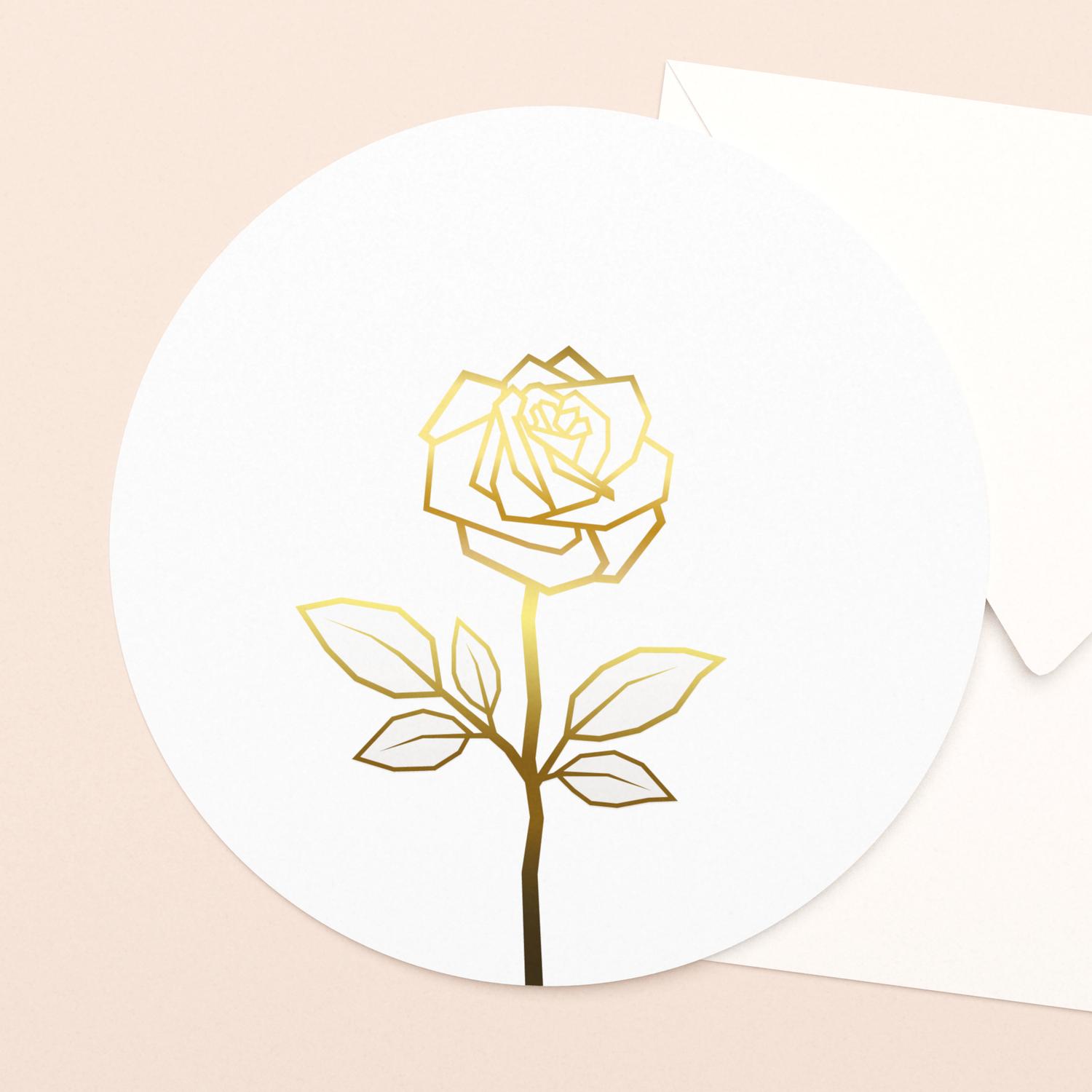 rond kaartje roos wit met goudfolie in luxe envelop
