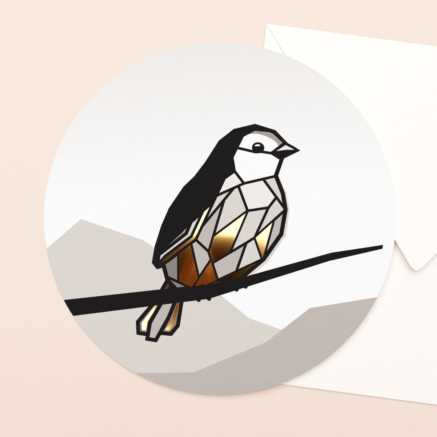 ronde ansichtkaart mus met goud in luxe envelop  