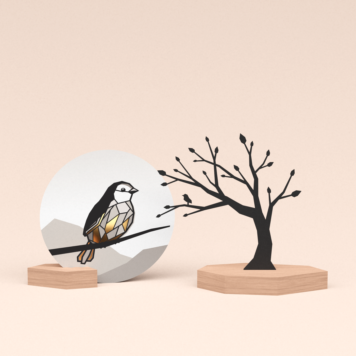 luxe cadeau wenskaarthouder met boom met vogeltje illustratie en ronde wenskaart mus 