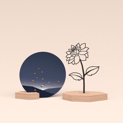 luxe cadeau woondecoratie met bloem | dahlia illustratie en ronde wenskaart vallende blaadjes 