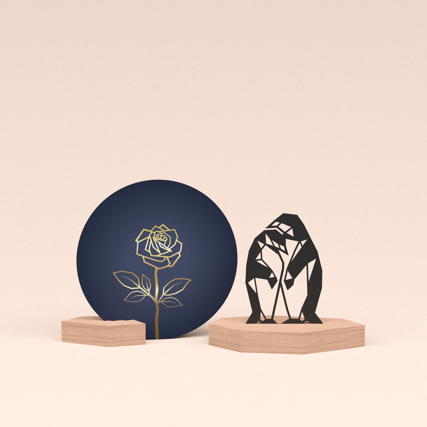 luxe cadeau wenskaarthouder met pinguin stelletje illustratie en ronde wenskaart roos blauw 